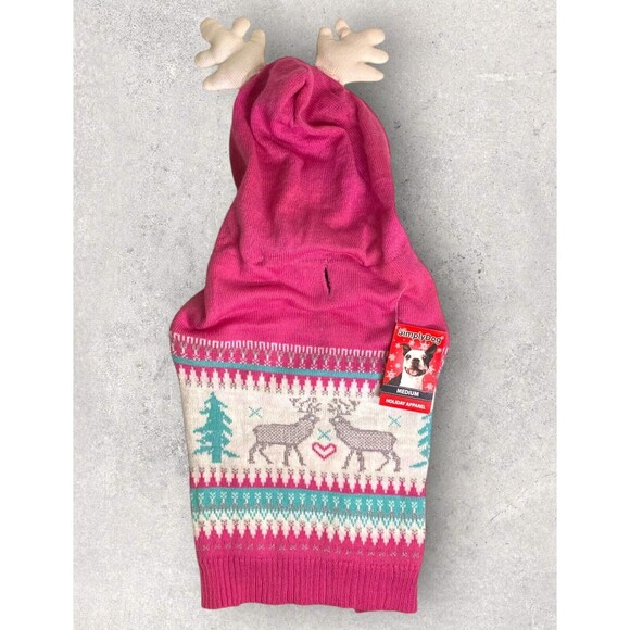 Simply Dog Pink Grey Sweater With Attached Antlers Winter Holiday Sz Medium NEW - Picture 1 of 6